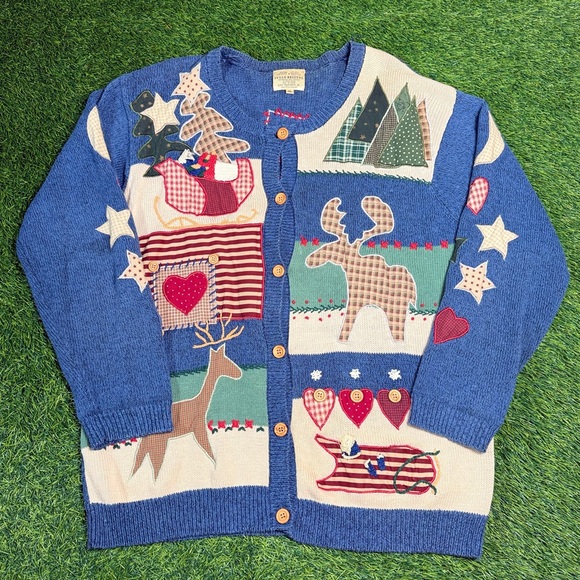 Vintage Susan Bristol Folk Art Patchwork Winter Cardigan Hand Embroidered XL w - Picture 1 of 9